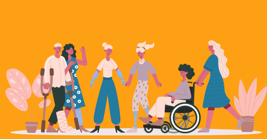 An animation of a small group of people including a man with crutches and a women using a wheelchair.