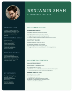 A sample resume for an elementary teacher from the graphic design site Canva
