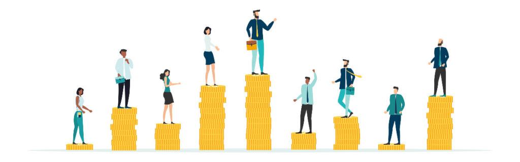 In this illustration, workers stand atop differently sized piles of coins.