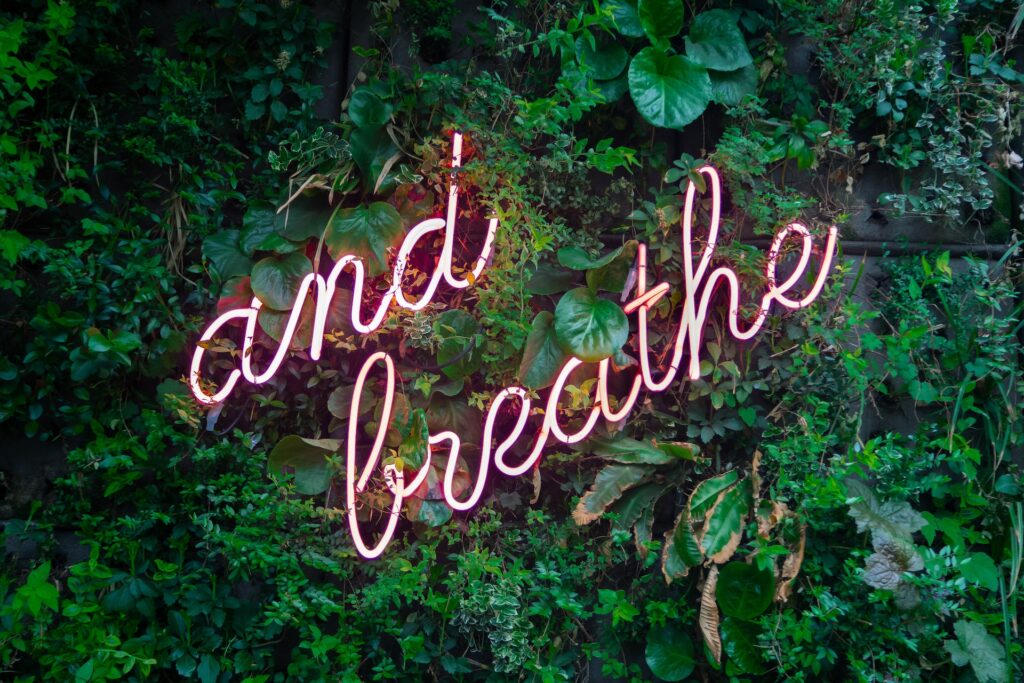 A pink cursive neon sign on a background of foliage reads "and breathe."