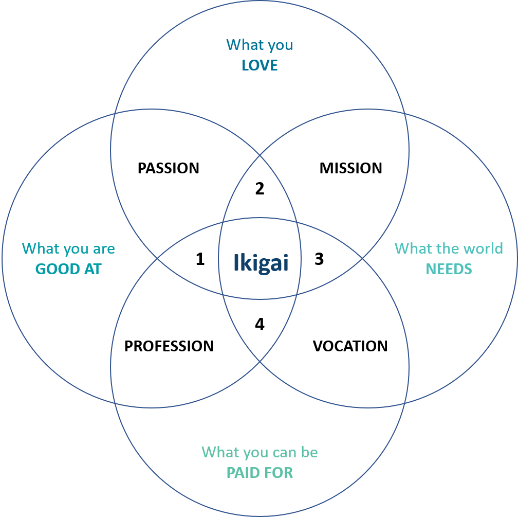 The ikigai diagram consists of 4 overlapping areas that identifies your passion, mission, vocation, and profession.
