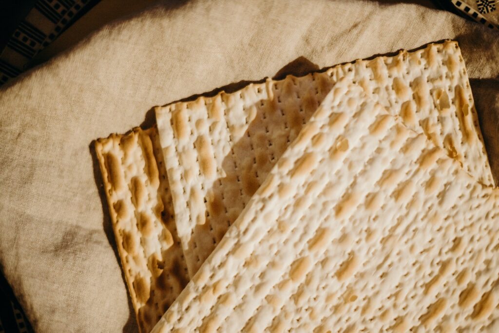 Matzo, or unleavened bread, is eaten during the Passover Festival.